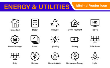 Renewable Energy and Utilities Icon Pack – Vector Line Illustrations for Solar, Wind, Electric Power, Sustainable Energy, and Environmental Designs