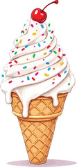  Delicious Soft Serve Vanilla Ice Cream Cone with Sprinkles and Cherry Topping