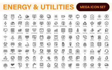 Renewable Energy and Utilities Icon Pack – Vector Line Illustrations for Solar, Wind, Electric Power, Sustainable Energy, and Environmental Designs