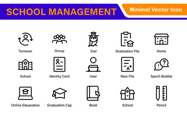 School Administration Icon Set – Modern Outline Line Vector Illustrations for Classroom, Timetable, Attendance, and Education Management Systems