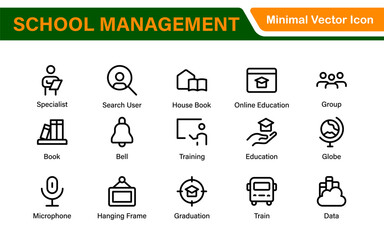 School Administration Icon Set – Modern Outline Line Vector Illustrations for Classroom, Timetable, Attendance, and Education Management Systems