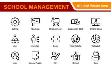 School Administration Icon Set – Modern Outline Line Vector Illustrations for Classroom, Timetable, Attendance, and Education Management Systems