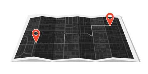 Black city map with travel destination pins lying down on the surface in flat style. Concept of travel, destination, location, route. Vector background. © Julia Anisimova