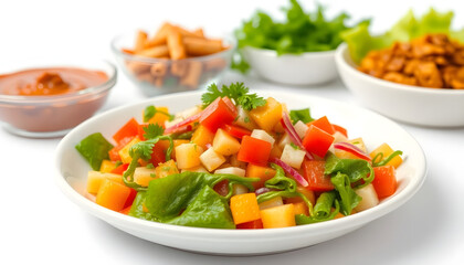 Close-up image of fresh vegetable salad with dips