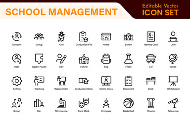 School Administration Icon Set – Modern Outline Line Vector Illustrations for Classroom, Timetable, Attendance, and Education Management Systems
