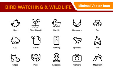 Bird Watching Wildlife Icon Set – Minimal Line Vector Illustrations for Nature, Animals, Birds, Outdoors, and Wildlife Conservation Projects
