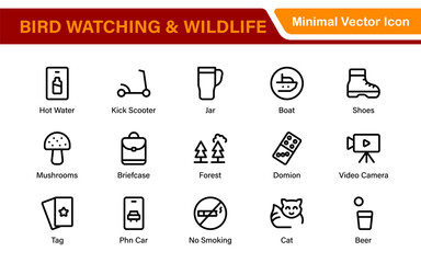 Bird Watching Wildlife Icon Set – Minimal Line Vector Illustrations for Nature, Animals, Birds, Outdoors, and Wildlife Conservation Projects