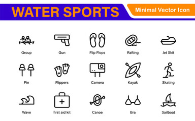 Water Sports Icon Set – Vector, Outline, and Minimal Line Art Illustrations for Surfing, Swimming, Beach Activities, and Outdoor Designs