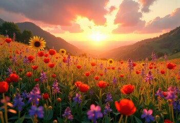 Fototapeta premium vibrant wildflower field sunrise colorful landscape blooming flora nature scenic, petal, meadow, pollen, blossom, scenery, outdoors, glow, dew, greenery
