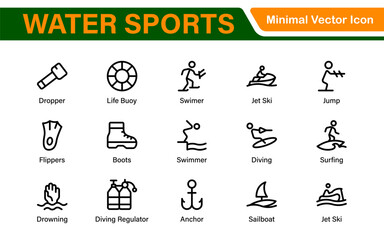 Water Sports Icon Set – Vector, Outline, and Minimal Line Art Illustrations for Surfing, Swimming, Beach Activities, and Outdoor Designs