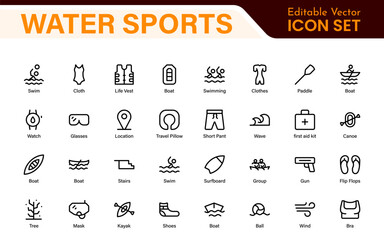 Water Sports Icon Set – Vector, Outline, and Minimal Line Art Illustrations for Surfing, Swimming, Beach Activities, and Outdoor Designs