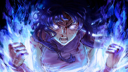 A fierce anime-style girl. She screams at the top of her lungs with overwhelming rage and mystical power. She's a fighter in a battle with blood on her body and fists.  2d art in a rough style