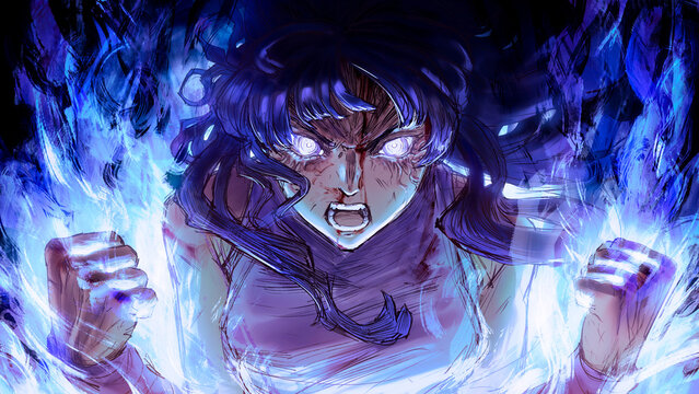 A fierce anime-style girl. She screams at the top of her lungs with overwhelming rage and mystical power. She's a fighter in a battle with blood on her body and fists.  2d art in a rough style