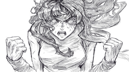 A fierce anime-style girl. She screams at the top of her voice with overwhelming rage and mystical power. She's a fighter in a battle with blood on her body and fists.  2d sketch in rough style