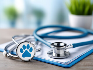 Blue stethoscope and medical record featuring paw print emphasizing importance of animal healthcare in veterinary practice