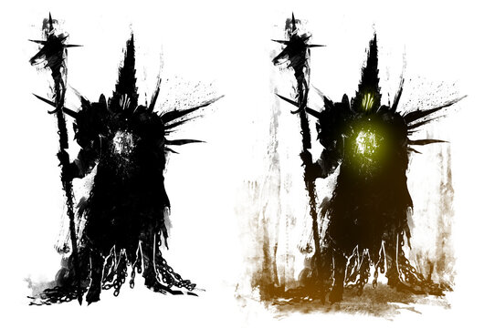 The black silhouette of a sinister knight in plate armor, he is a warrior from the underworld with a spiked staff and a barbed shoulder pad. He has a hole in his chest and black rot all around. 2d ink