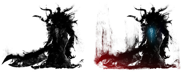 The black silhouette of a sinister monster with a huge cleaver. He is a horned butcher reaper with a skull mask, shaggy in tattered clothes and huge weapons. 2d ink-style illustration.