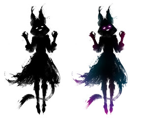 A black silhouette with a cat girl. She is a playful ghost and a witch, hovering in the air, smiling and waving her claws. It also looks like a jerboa. Anime style 2d cartoon art.