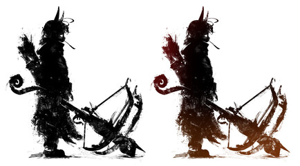 Black silhouette of a little warrior girl in anime style. She's a demon with horns and a huge double-shot crossbow. He stands thoughtfully and chews a straw . 2d ink-style illustration.