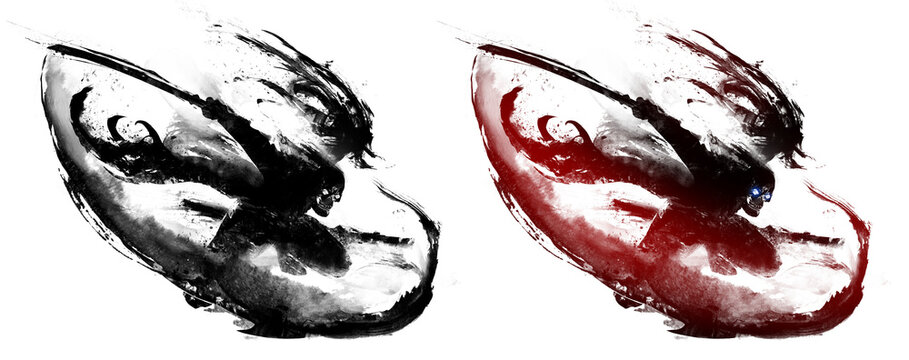 The black silhouette of a sinister samurai warrior. He's a skeleton in a cape, frozen in an epic pose, slicing through the air with his katana in a jumping stance. 2d ink style illustration.