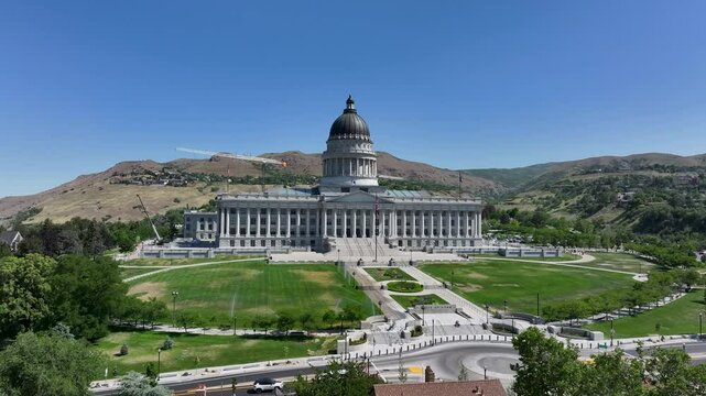 Aerial Utah State Capitol Building summer 3 slide. City center downtown business and religious headquarters. The Church of Jesus Christ of Latter-day Saints temple square. Capitol city urban.