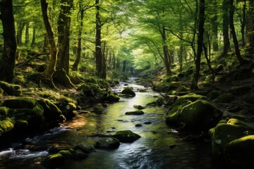 Obraz premium Lush green forest with a serene stream and mossy stones in the sunlight