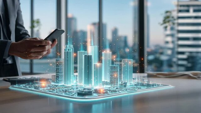 Businessman holds phone with virtual city around him, showing digital twins, digital clone, predictive analytics for smart city modeling and control