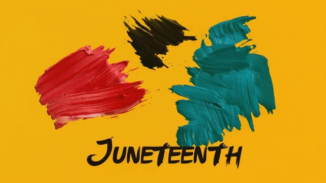 Colorful abstract background with flowing red, yellow, green, and black lines and bold "Happy Juneteenth" text celebrating African American freedom and culture