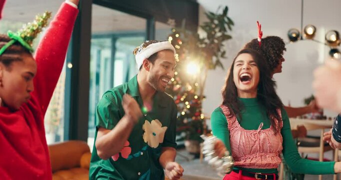 Dance, Christmas and music with friends in party for social, festive jingle bells and happiness. Merry xmas season, bonding and reunion celebration with people in home for love, support and holiday