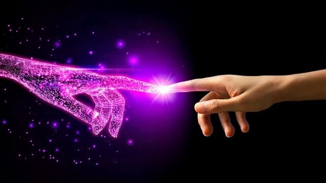 Human hand touches purple glowing digital hand, showing digital twins, digital clone, predictive analytics for ai human touch interaction