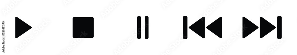 Poster play, stop, pause, rewind, and fast forward icons in simple black style for media control interface