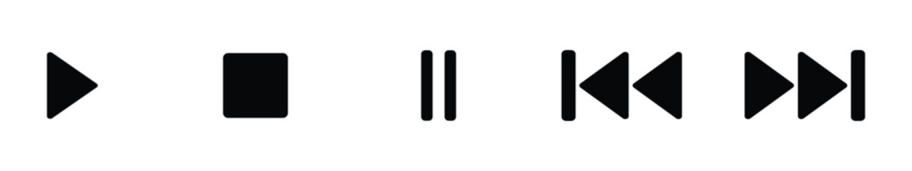 Play, stop, pause, rewind, and fast forward icons in simple black style for media control interface