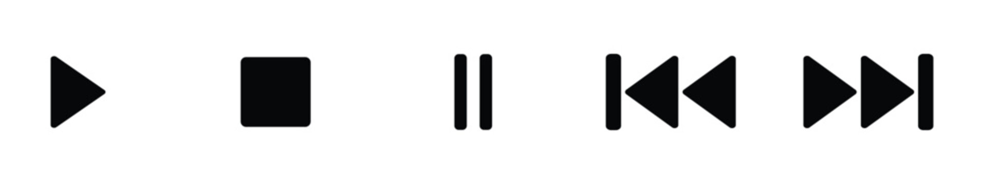 Play, stop, pause, rewind, and fast forward icons in simple black style for media control interface