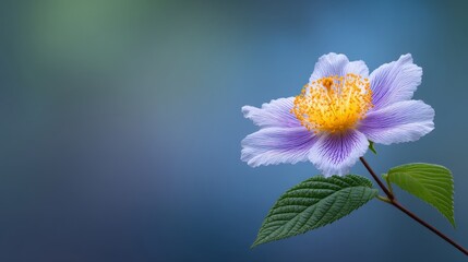 Vibrant Purple Flower with Yellow Center and Green Leaves Against a Soft Blue Background