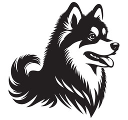 Fototapeta premium Striking Black and White Vector Illustration of a Fluffy Spitz Dog Head Portrait - Cute Happy Canine Drawing Logo Design Art