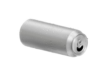 Open Aluminum soda can with water drops, transparent background