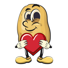 cute cartoon potato mascot vector hold the heart with lovecartoon, happy smiling character isolated on transparent background, work of hand drawn