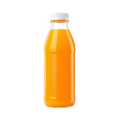 A clear glass bottle filled with orange juice and a white cap on a black background in studio shot