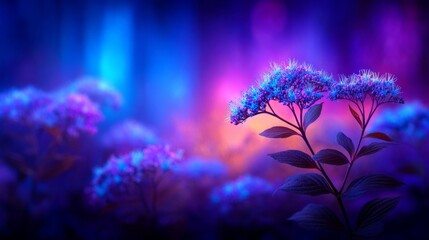 Vibrant Purple Flowers Illuminated by Soft Blue and Pink Lighting in Dreamy Floral Background