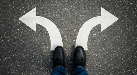 A person is standing at a crossroads, facing two large white arrows painted on the asphalt, pointing in different directions.