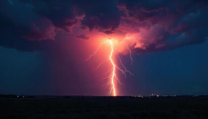 Fototapeta premium A dramatic, glowing bulb of lightning illuminates the dark night sky, a rare and beautiful meteorological phenomenon The bright flash is contrasted against the deep black , night, natural phenomenon