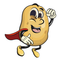 cute cartoon potato mascot vector as flying superhero wearing a robe, happy smiling character isolated on transparent background, work of hand drawn
