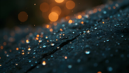 Rain drops glowing at night. Ultra realistic night photography. Capturing starlight reflections. Stunning raindrop images.
