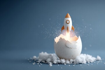 Cracked egg with startup rocket launching out from inside, business innovation concept