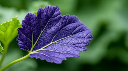 Vibrant Purple Leaf With Dew Drops On Green Background