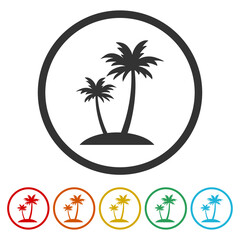 Palm tree island icon. Set icons in color circle buttons