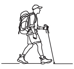 Outdoor hiking adventure minimalist line art illustration of person with backpack and trekking poles