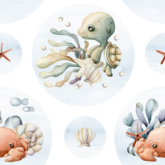 Cute Turtle and Crab with seaweed algae starfish sea shell. Watercolor summer seamless pattern on white background