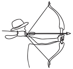 Minimalist Continuous Line Drawing of an Archer with Hat Aiming Bow and Arrow Archery
