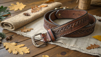 A rustic handcrafted leather belt with intricate braiding and embossing, lying on a wooden table surrounded by scattered autumn oak leaves, natural burlap cloth, and soft warm light.